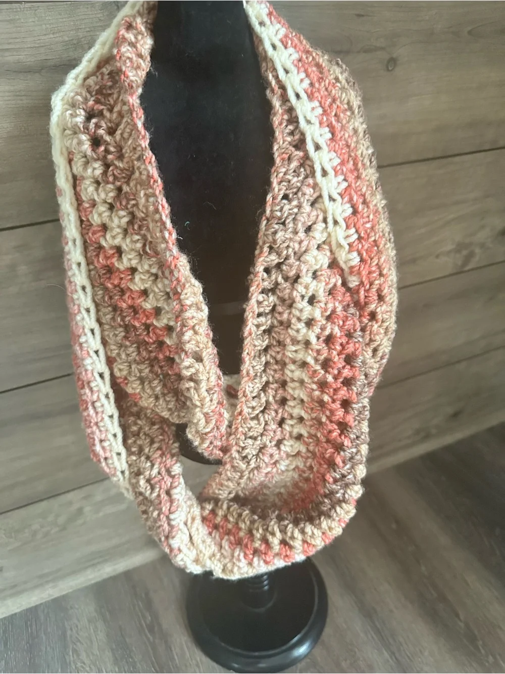 Handmade Crochet Infinity Scarf in Cream, Tan and Coral